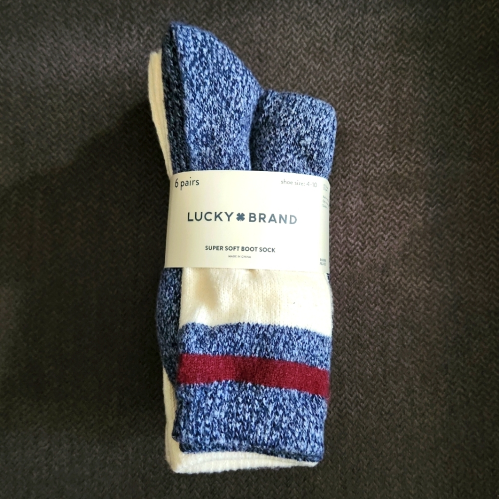 NWT Lucky Brand Set of 6 Blue/red/white super soft boot socks. Shoe size 4-10.